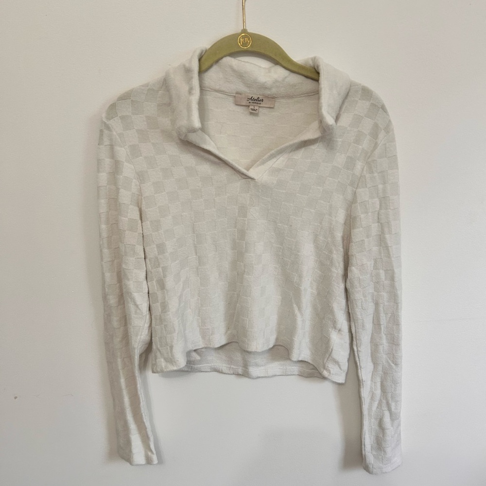 Cream Ribbed Long Sleeve Polo Crop Top